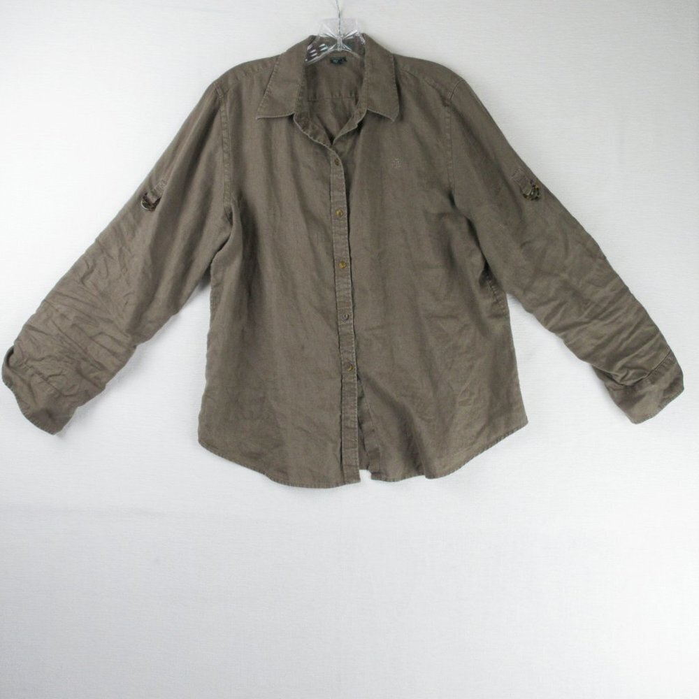 Lauren Ralph Lauren Brown Linen Roll Tab Shirt Size L Button Down - Picture 1 of 13